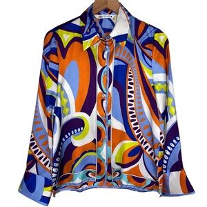 Zara Blue and Orange Patterned Shirt